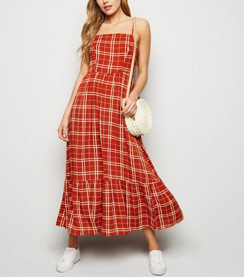 Red Check Print Tier Hem Midaxi Dress | New Look