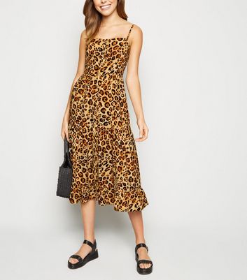 Brown Leopard Print Tiered Midi Dress | New Look