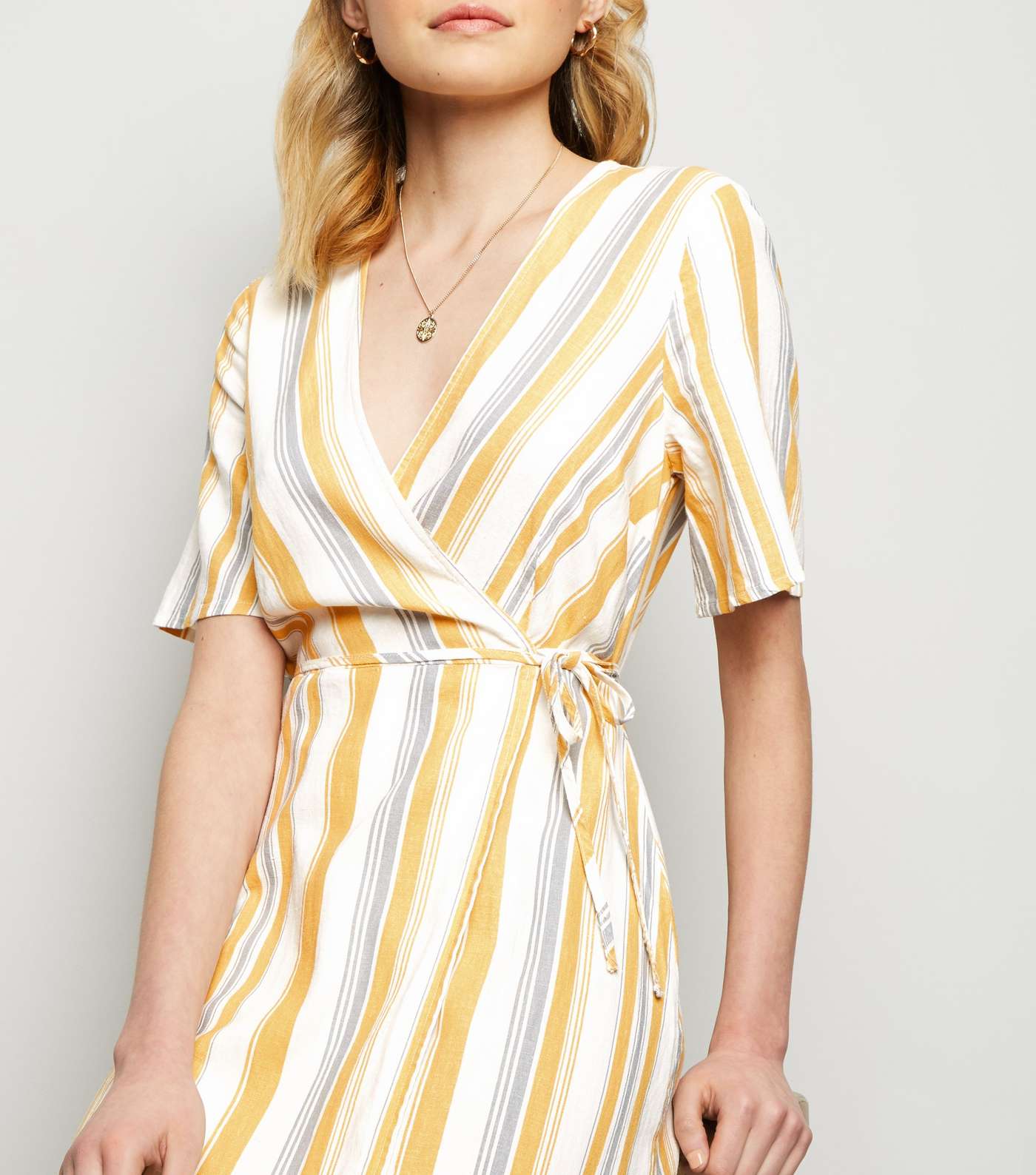 Off White Stripe Linen Blend Tiered Wrap Midi Dress Image 2