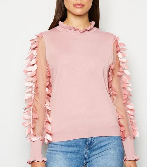 Blue Vanilla Mid Pink Leaf Mesh Sleeve Jumper