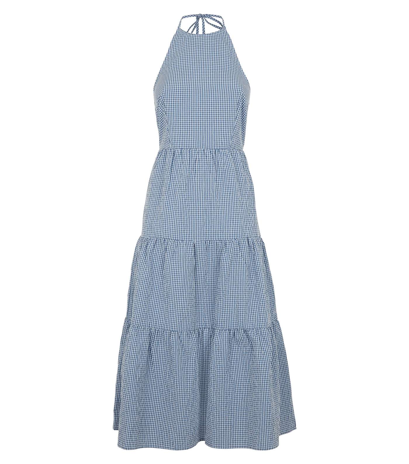 Blue Gingham Halterneck Tiered Midi Dress Image 4