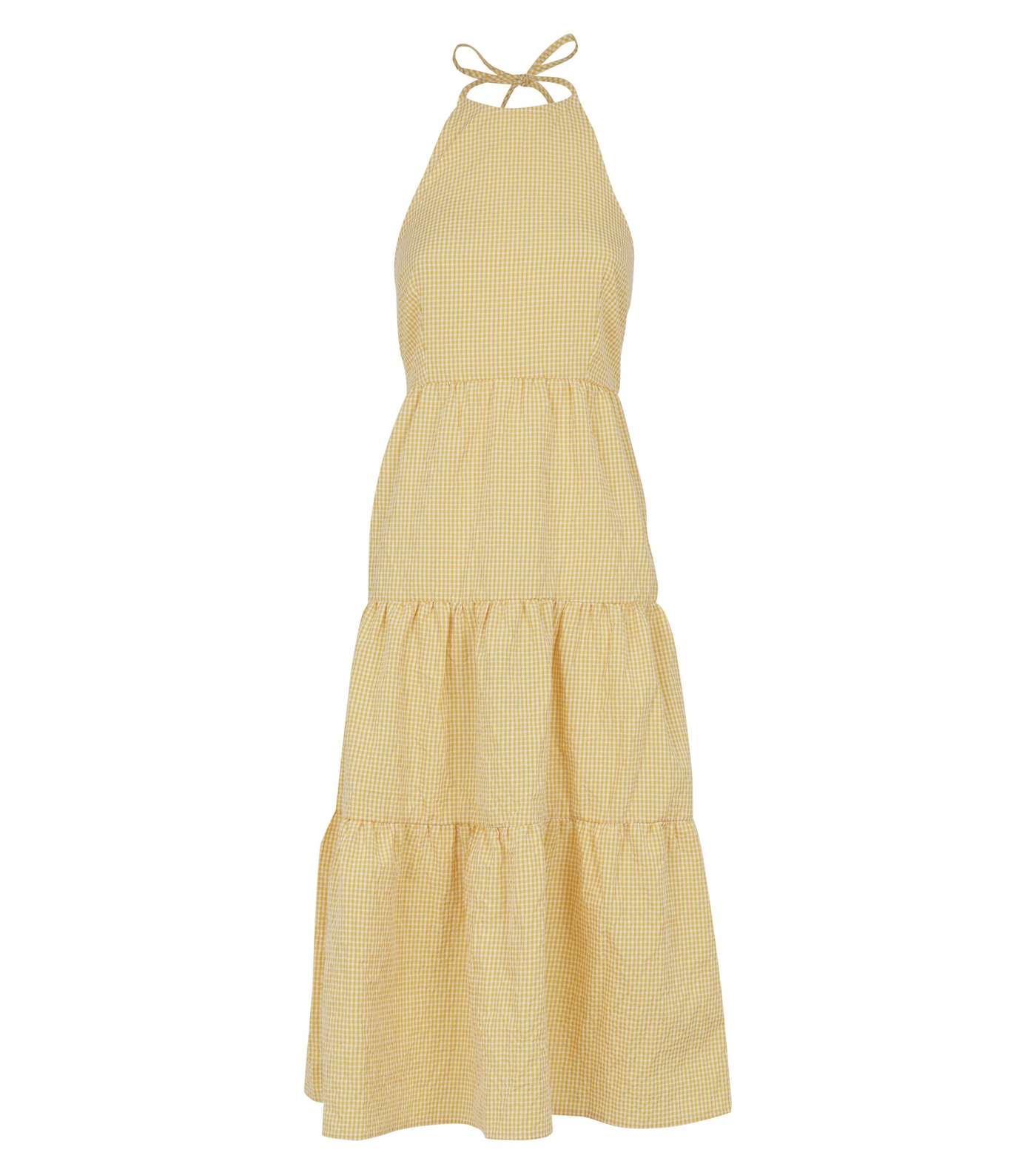 Yellow Gingham Halterneck Tiered Midi Dress Image 4
