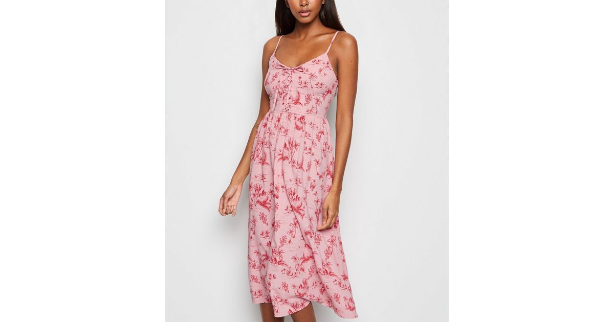 Pink Palm Print Lace Up Front Midi Dress | New Look