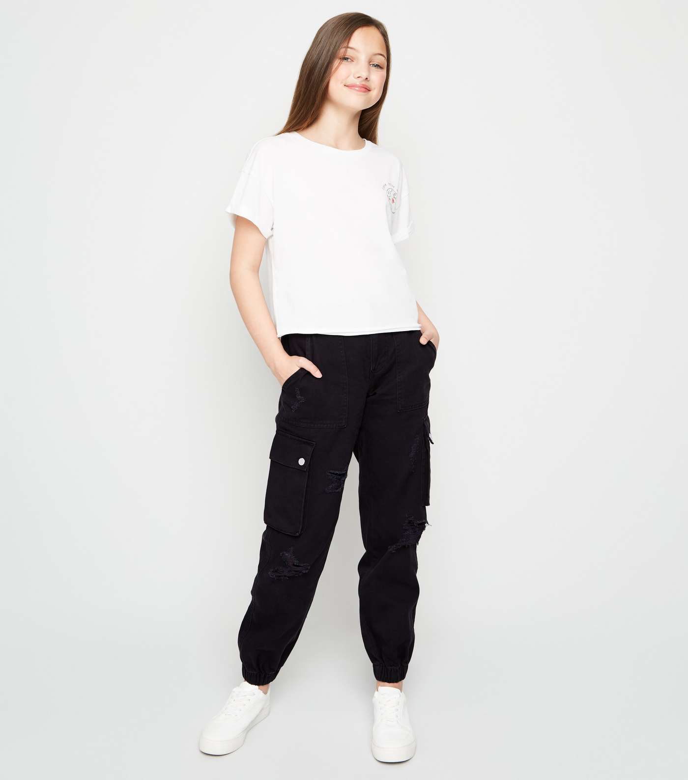 Girls Black Ripped Utility Trousers