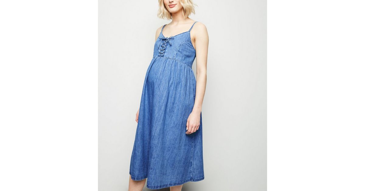 Maternity Blue Denim Lace Up Midi Dress New Look