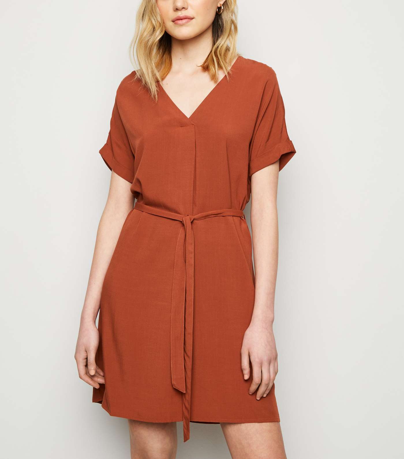 Rust V Neck Belted Tunic Dress