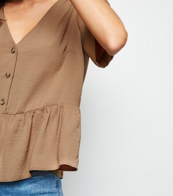 Image of Brown Button Front Peplum Top New Look