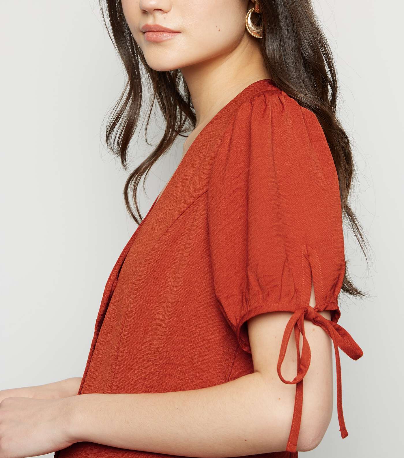 Rust Button Up Puff Sleeve Blouse Image 2