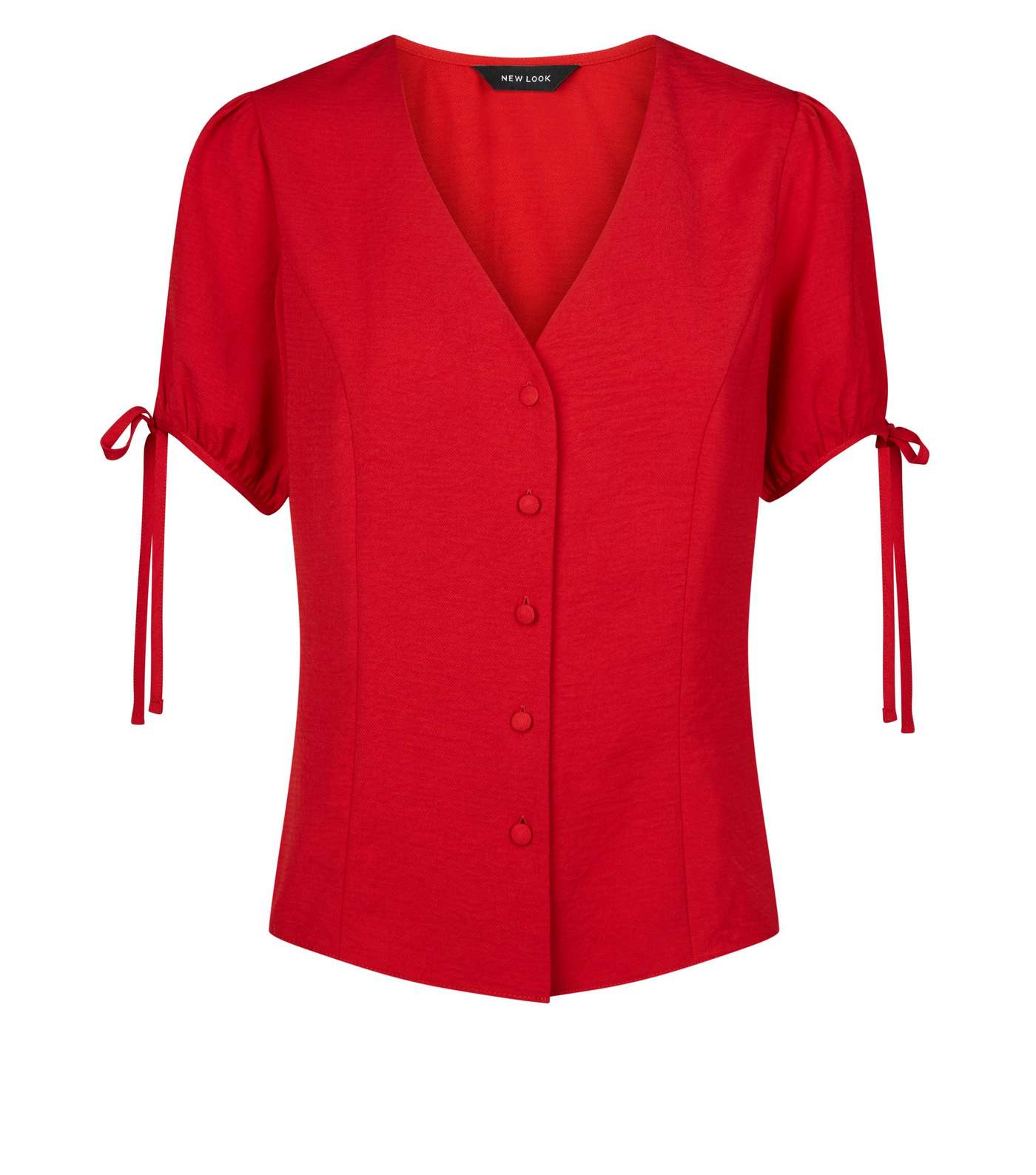 Red Button Up Puff Sleeve Blouse Image 4