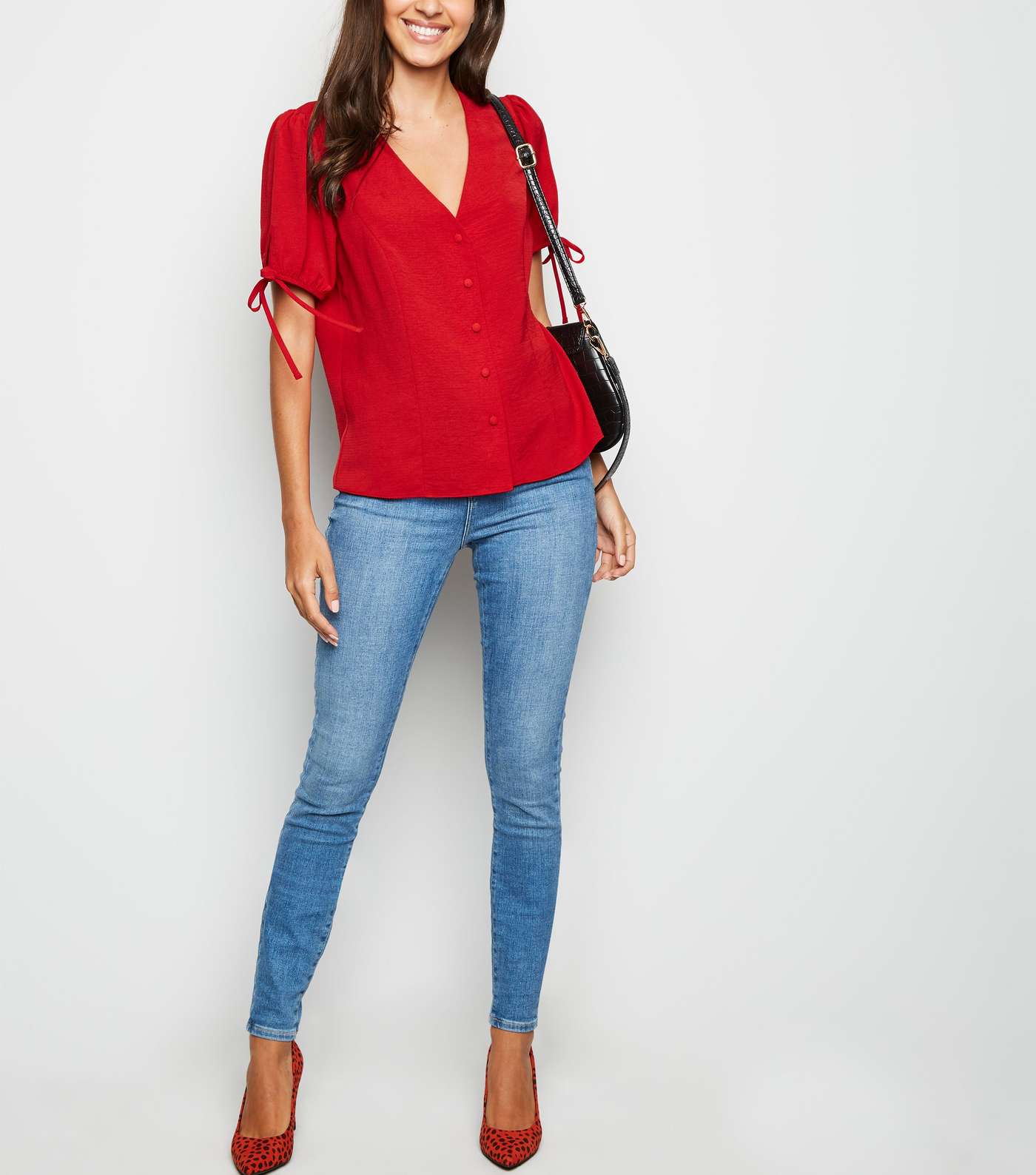 Red Button Up Puff Sleeve Blouse Image 2
