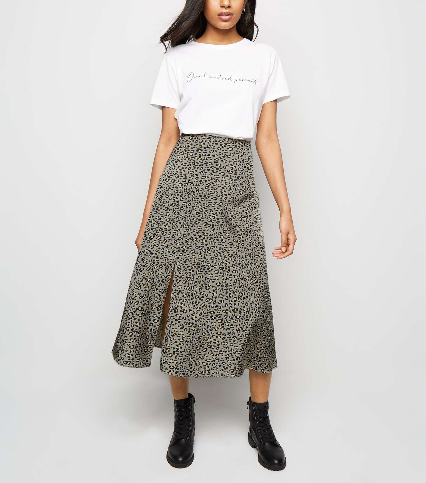 Petite Light Grey Leopard Print  Midi Skirt 
