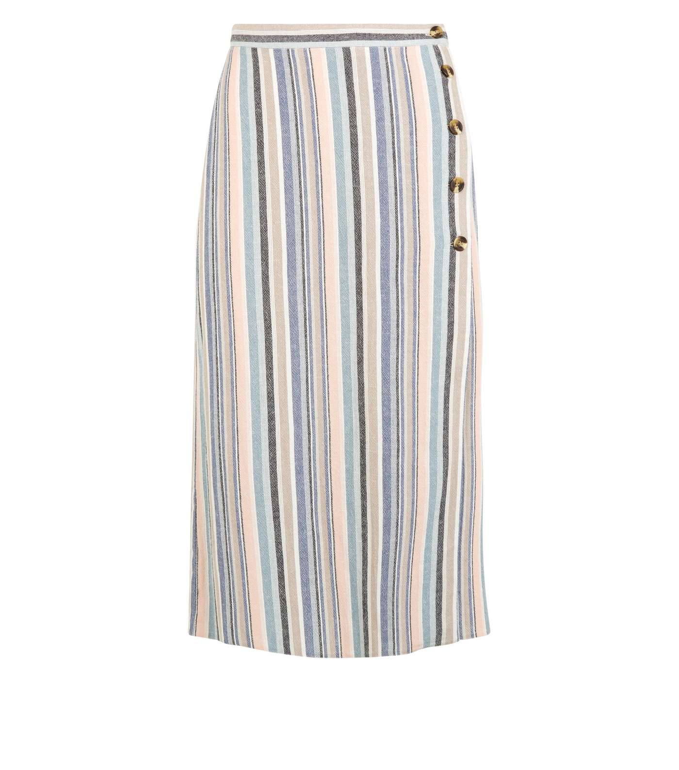 Petite Pink Stripe Linen Look Button Side Midi Skirt Image 4