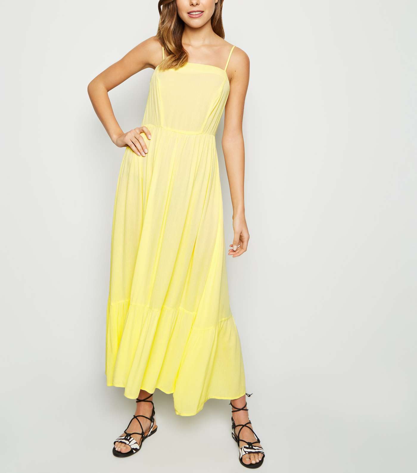 Pale Yellow Crinkle Tiered Hem Midaxi Dress