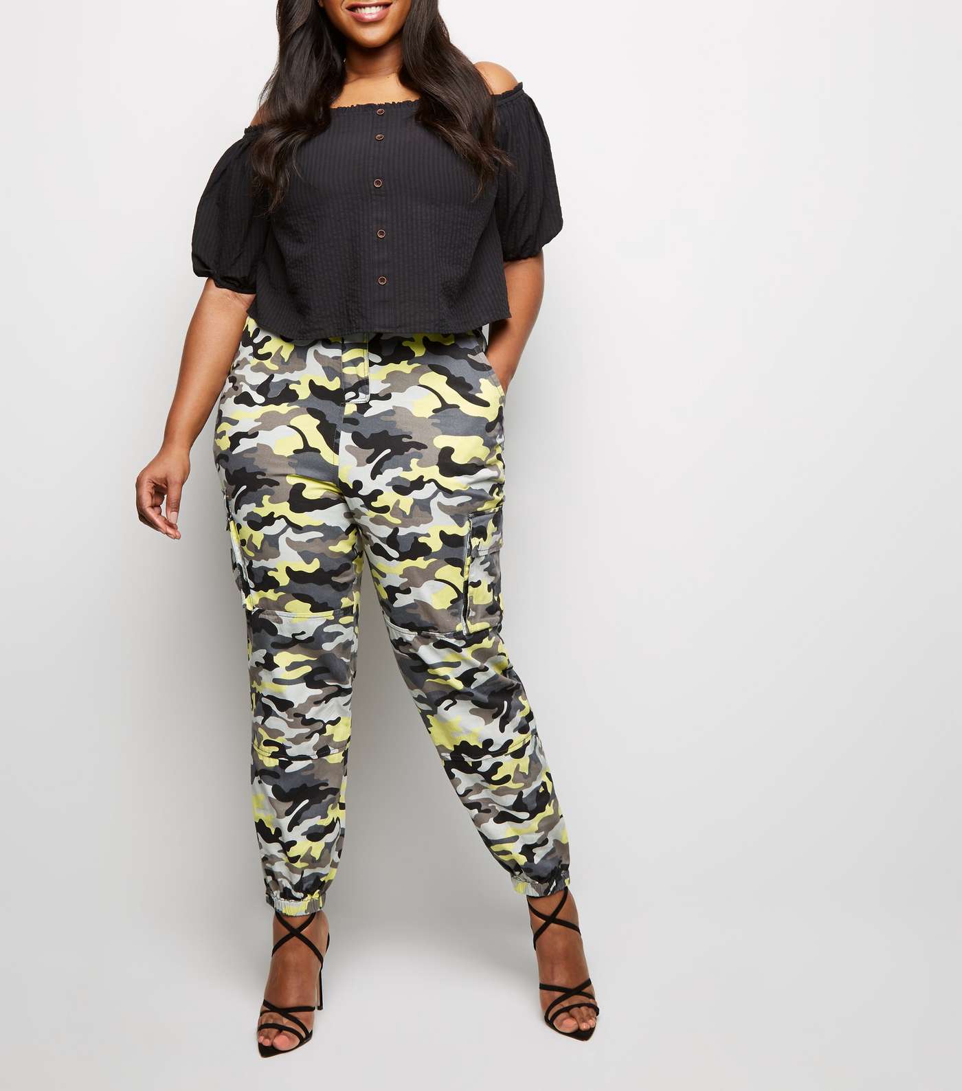 Curves Grey Neon Camo Cuffed Utility Trousers