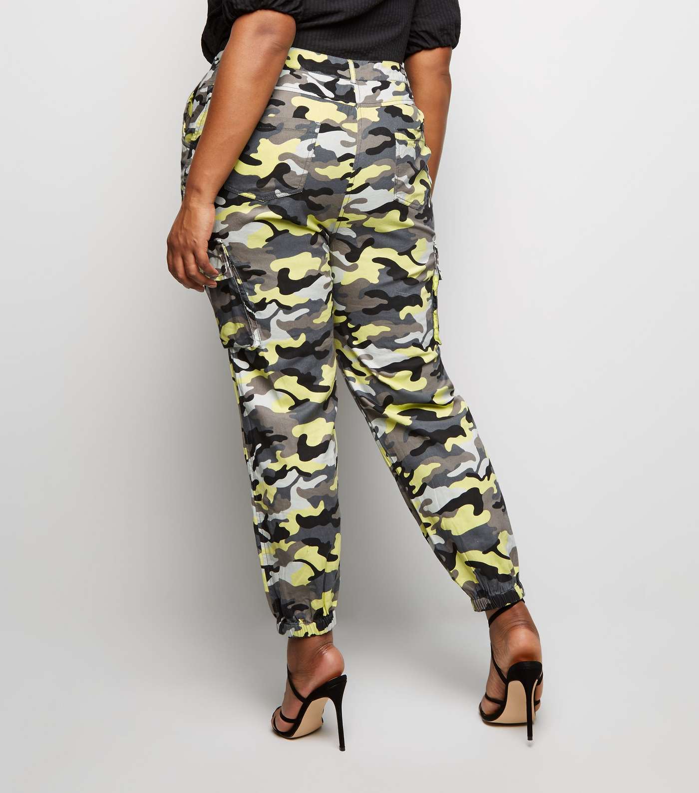 Curves Grey Neon Camo Cuffed Utility Trousers Image 3