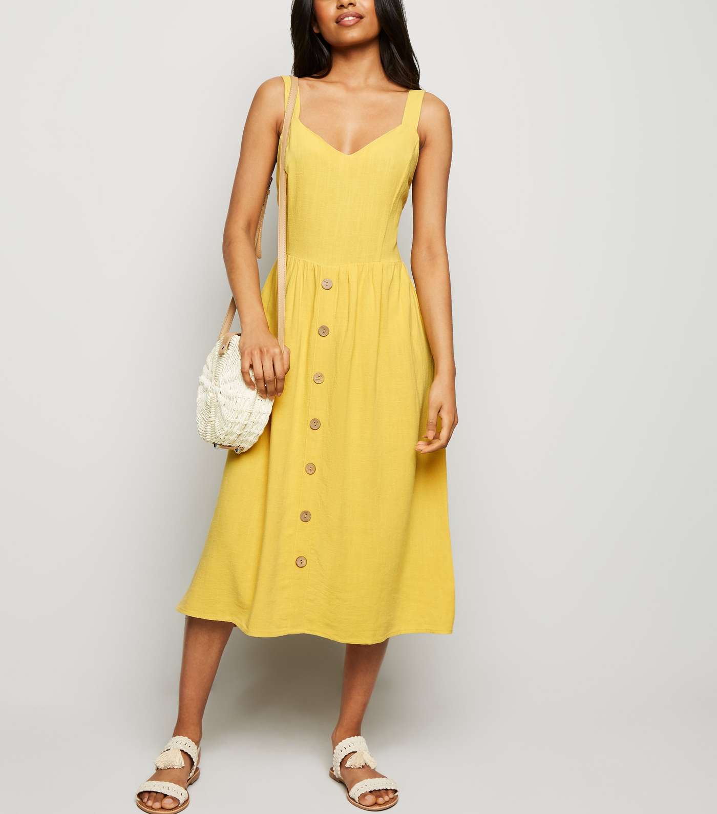 Petite Yellow Linen Look Button Front Midi Dress Image 2