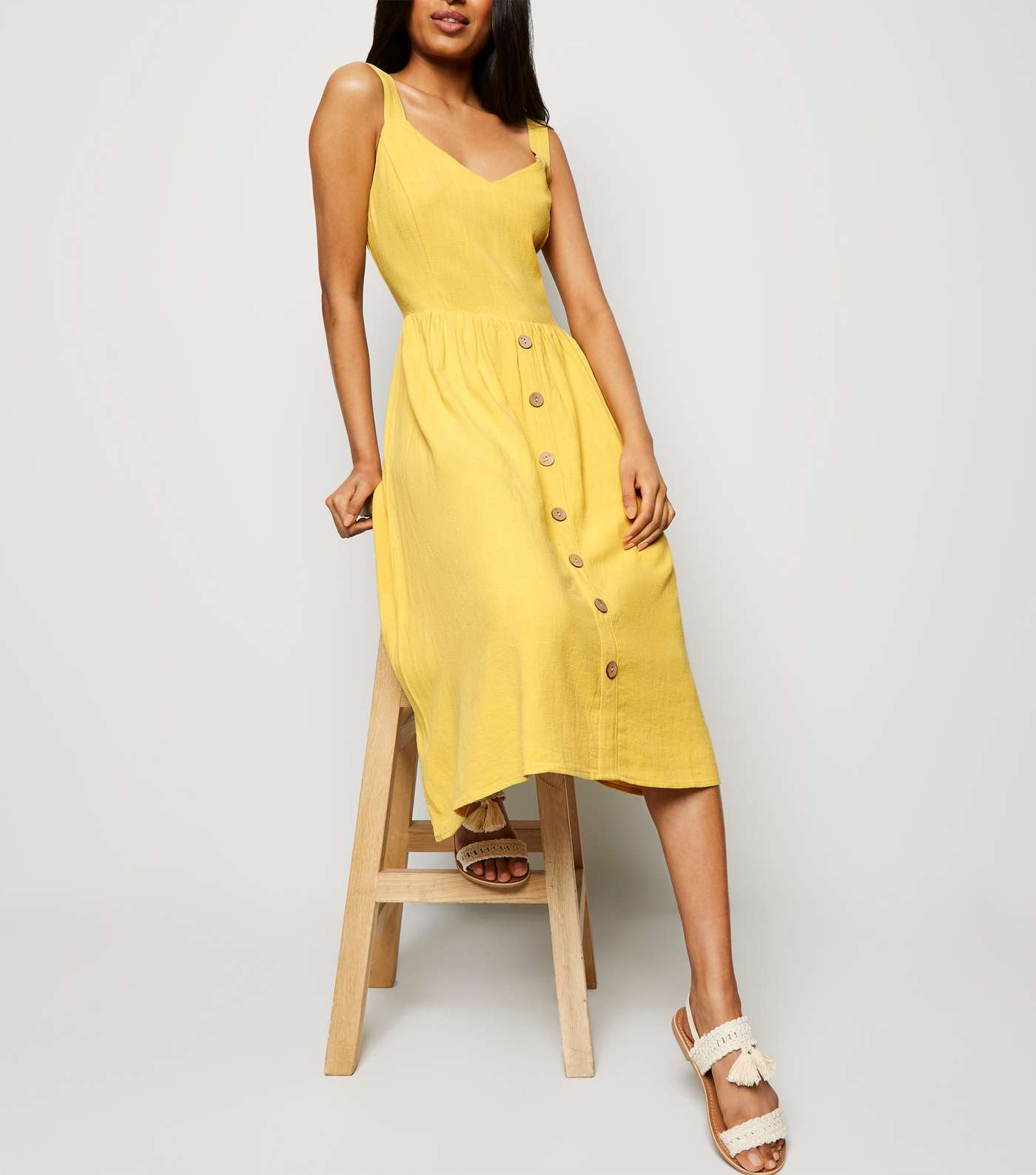 Petite Yellow Linen Look Button Front Midi Dress Image 5