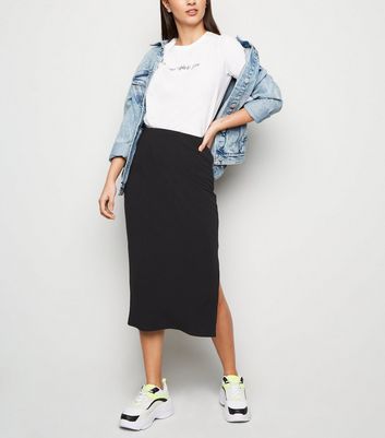 Black Ribbed Midi Pencil Skirt New Look