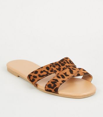 Stone Suedette Leopard Print Interlocked Strap Sliders | New Look