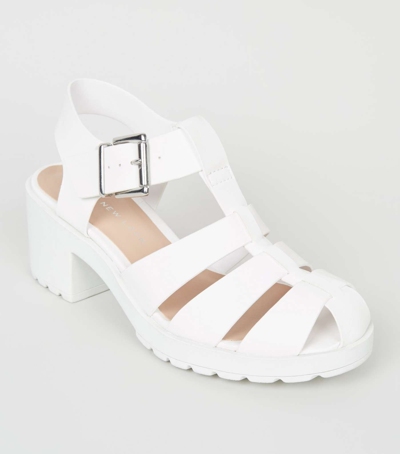 Girls White Leather-Look Chunky Caged Sandals