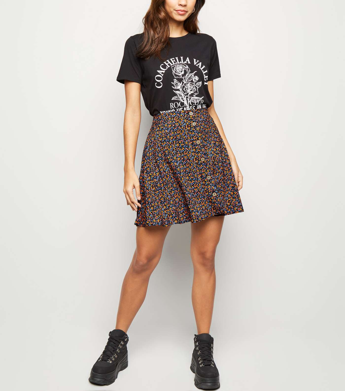 Black Ditsy Floral Button Up Mini Skirt