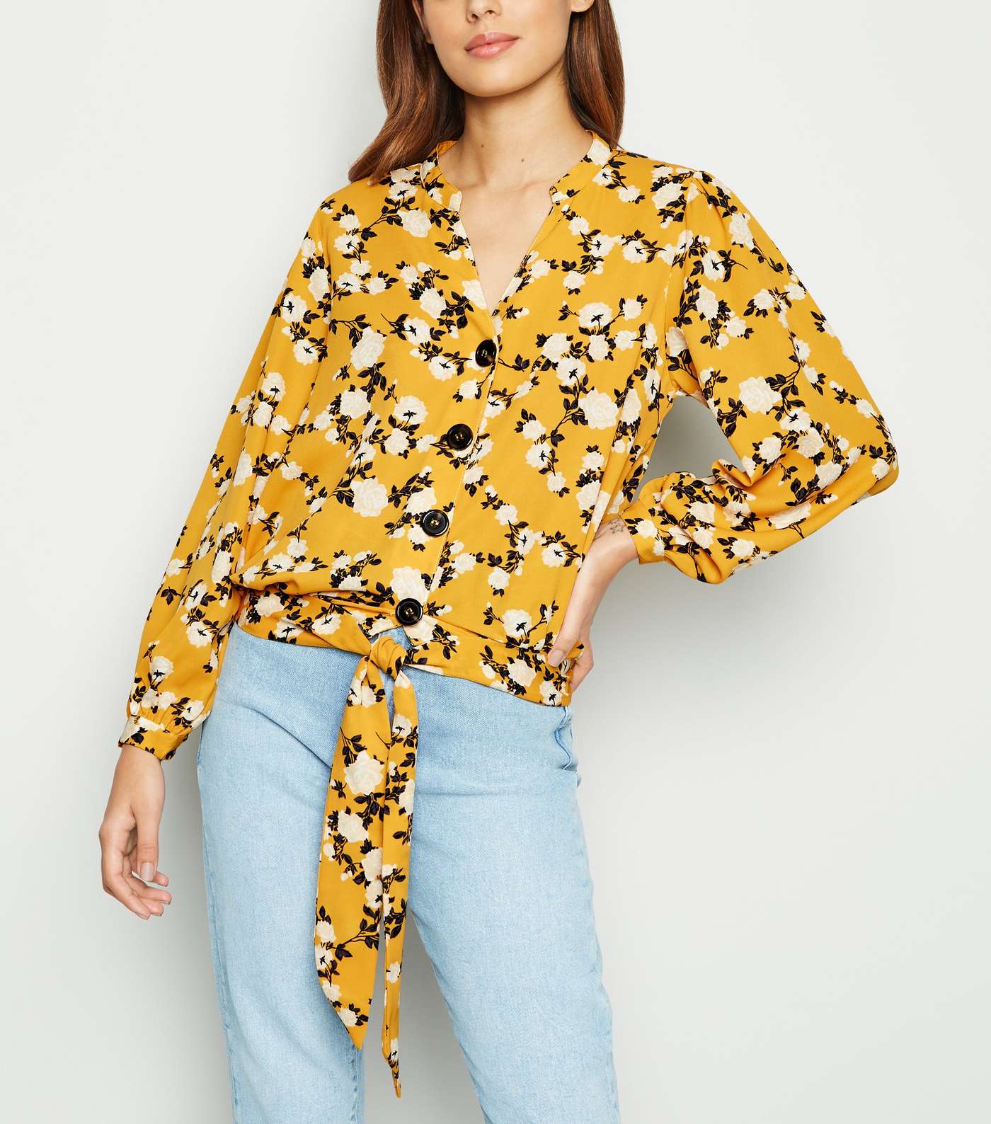 Blue Vanilla Yellow Floral Tie Front Blouse