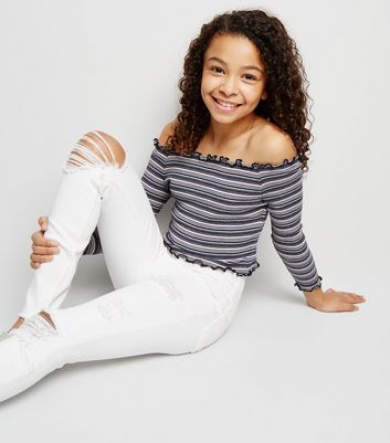 Girls Jean skinny blanc dechire a taille haute New Look