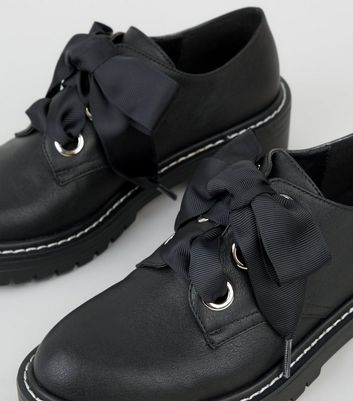 Girls Black Leather-Look Ribbon Lace Up 