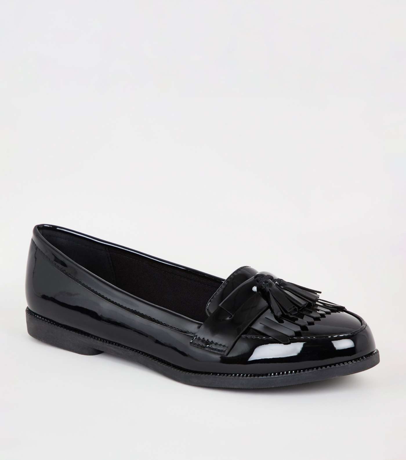 Black Patent Front Tassel Trim Loafers