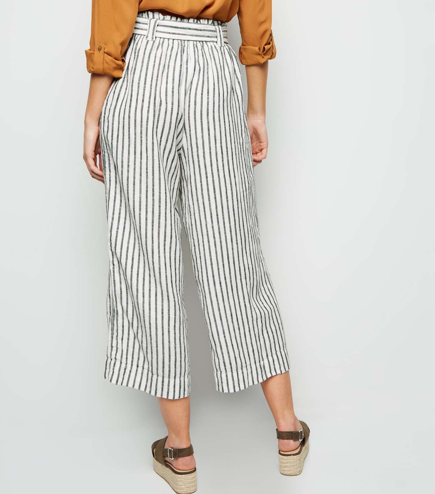 Off White Stripe Linen Blend Crop Trousers Image 3