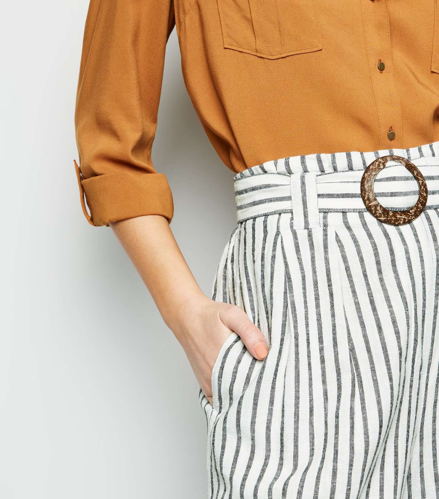 Off White Stripe Linen Blend Crop Trousers Image 5