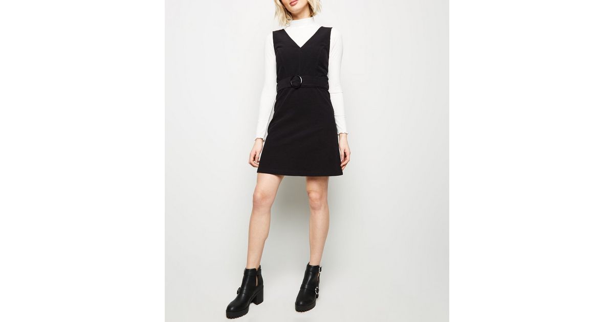 Black Corduroy Belted Pinafore Dress | New Look