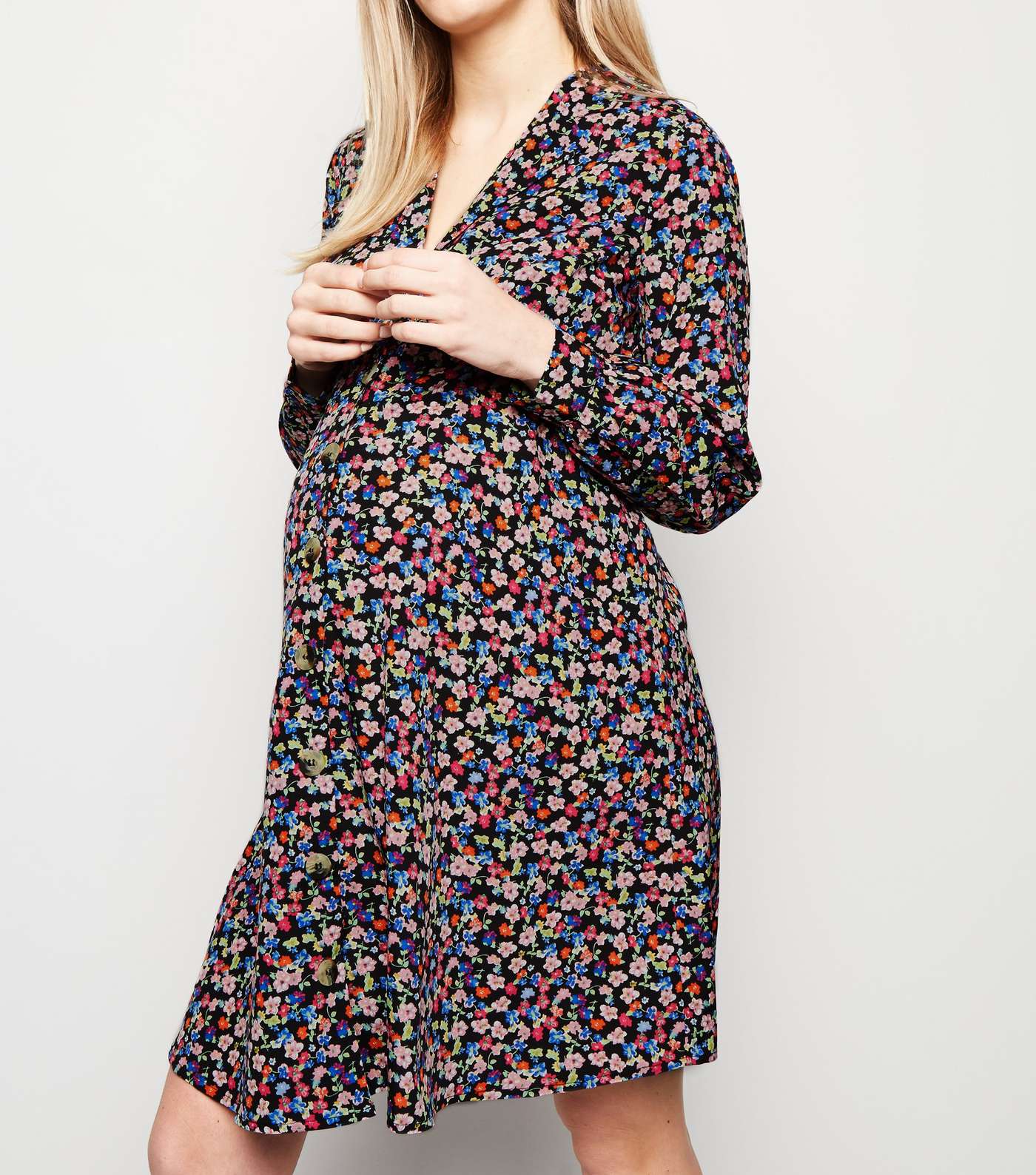 Maternity Black Floral Button Up Tea Dress Image 2