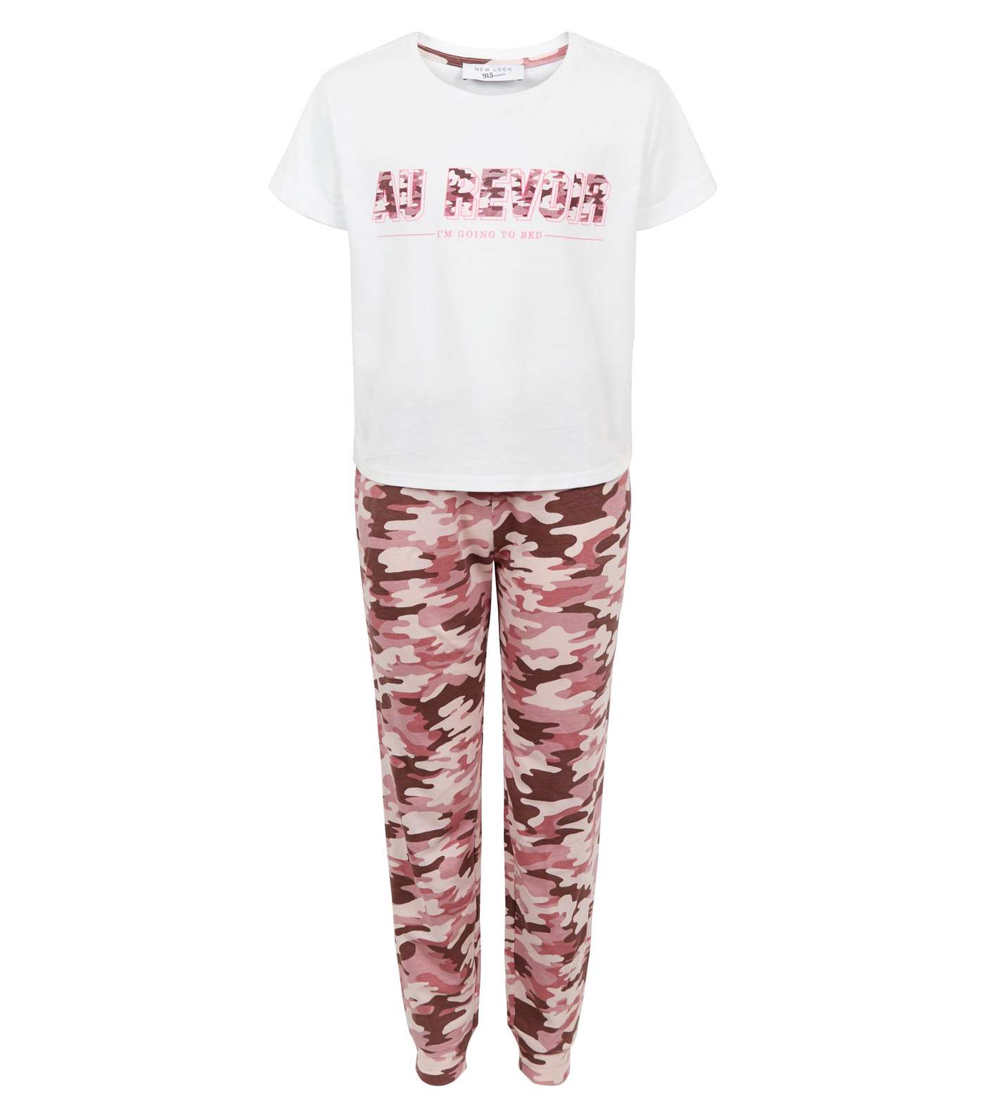 Girls Pink Camo Au Revoir Slogan Pyjama Set Image 4