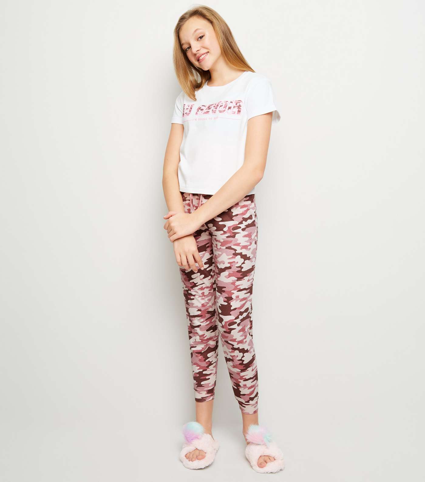 Girls Pink Camo Au Revoir Slogan Pyjama Set Image 2