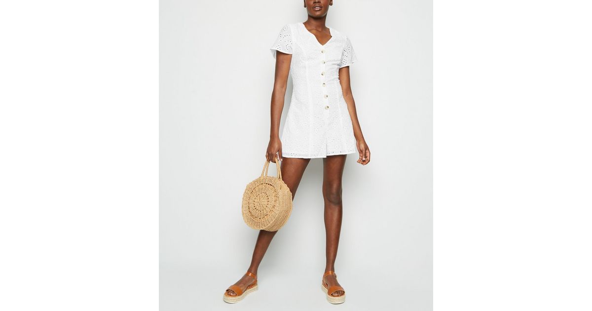 White Button Up Broderie Playsuit | New Look