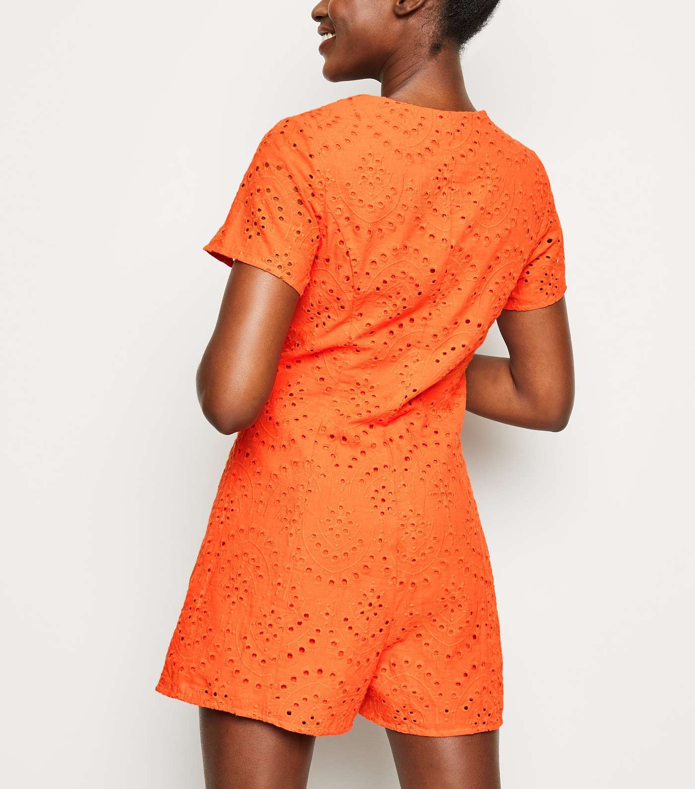 Bright Orange Button Up Broderie Playsuit Image 3