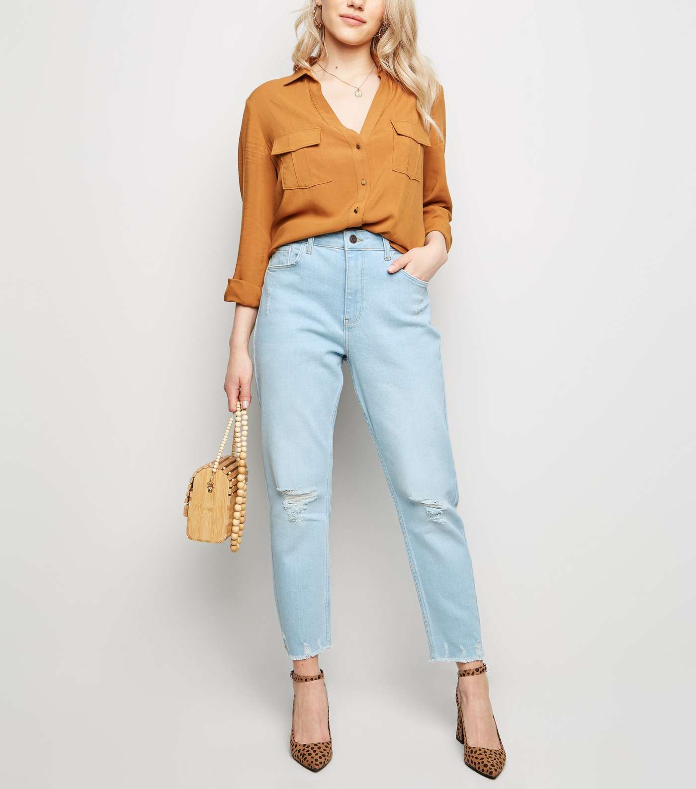 Petite Pale Blue Bleach Wash Ripped Mom Jeans 