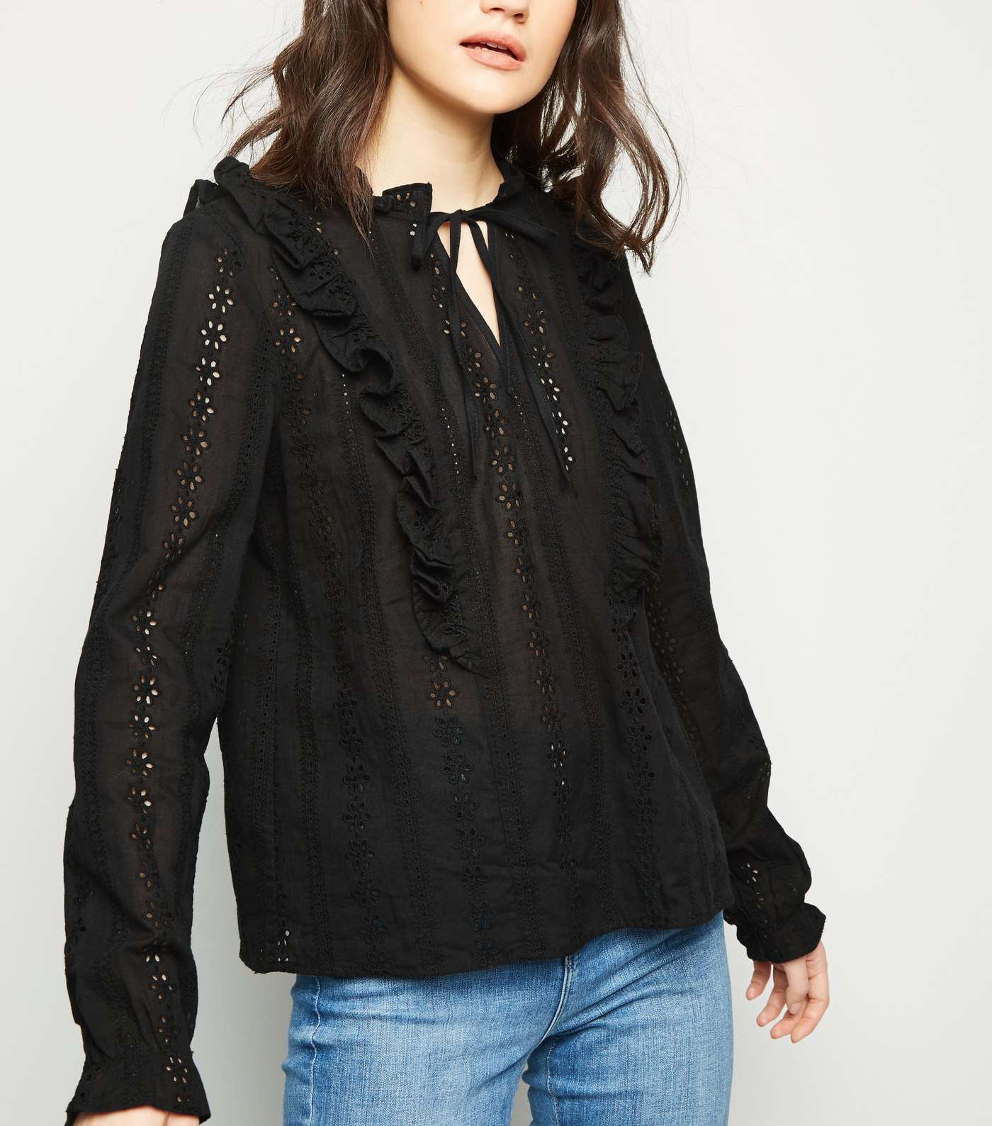 Black Cut Out Embroidered Long Sleeve Blouse 