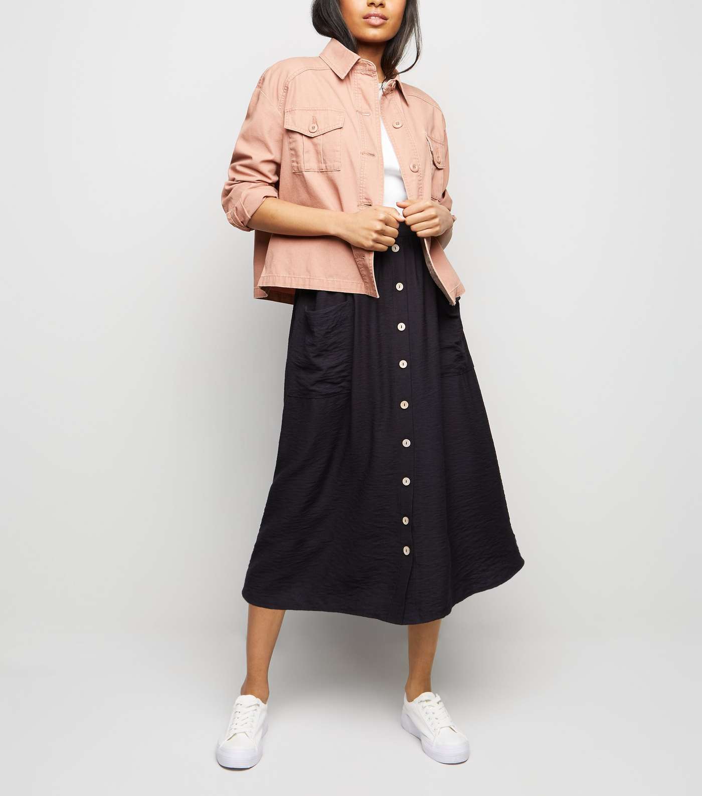 Petite Black Twill Button Front Midi Skirt