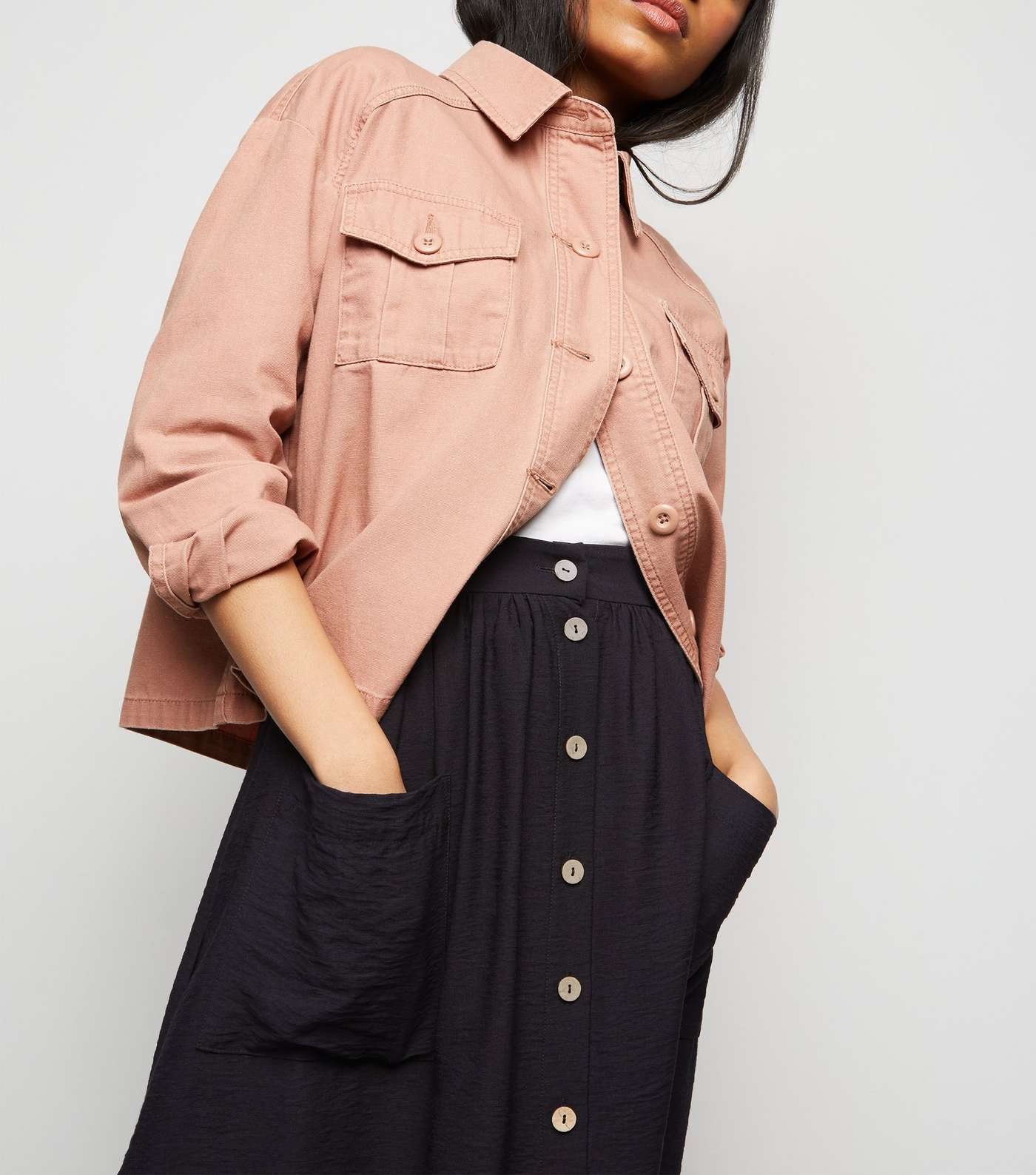 Petite Black Twill Button Front Midi Skirt Image 5