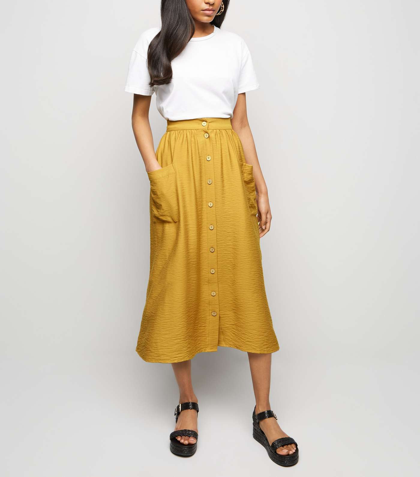 Petite Mustard Twill Button Front Midi Skirt