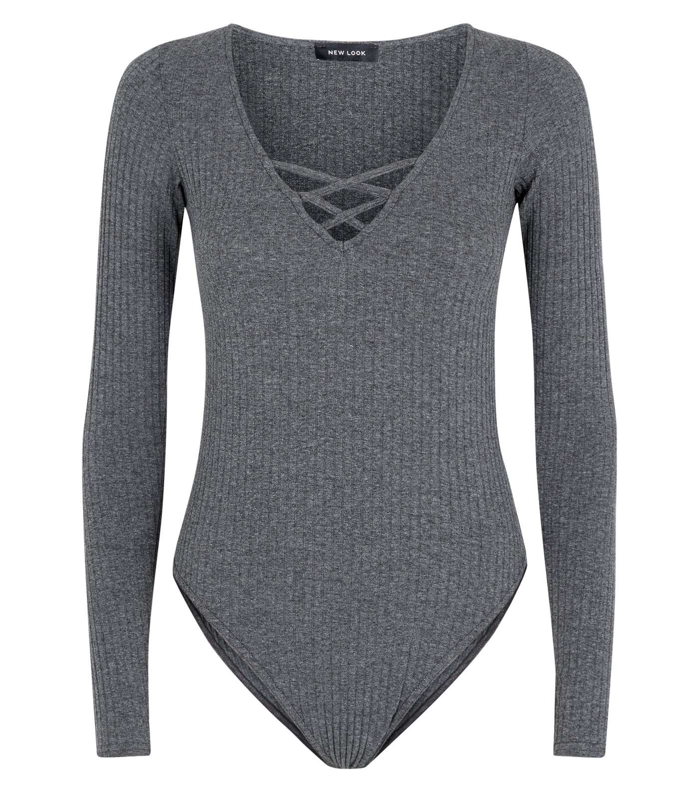 Grey Ribbed Lattice Front Bodysuit Image 4
