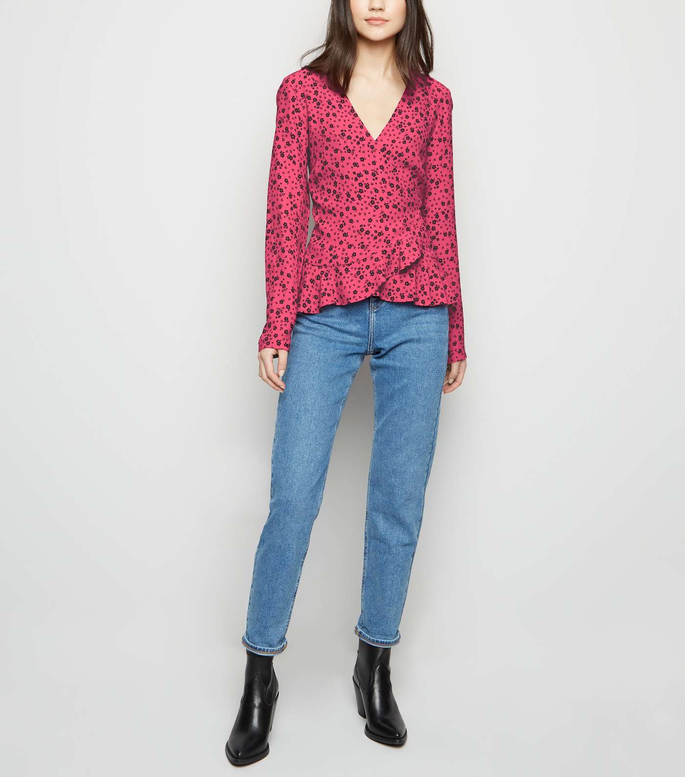 Pink Floral Long Sleeve Frill Wrap Top Image 2