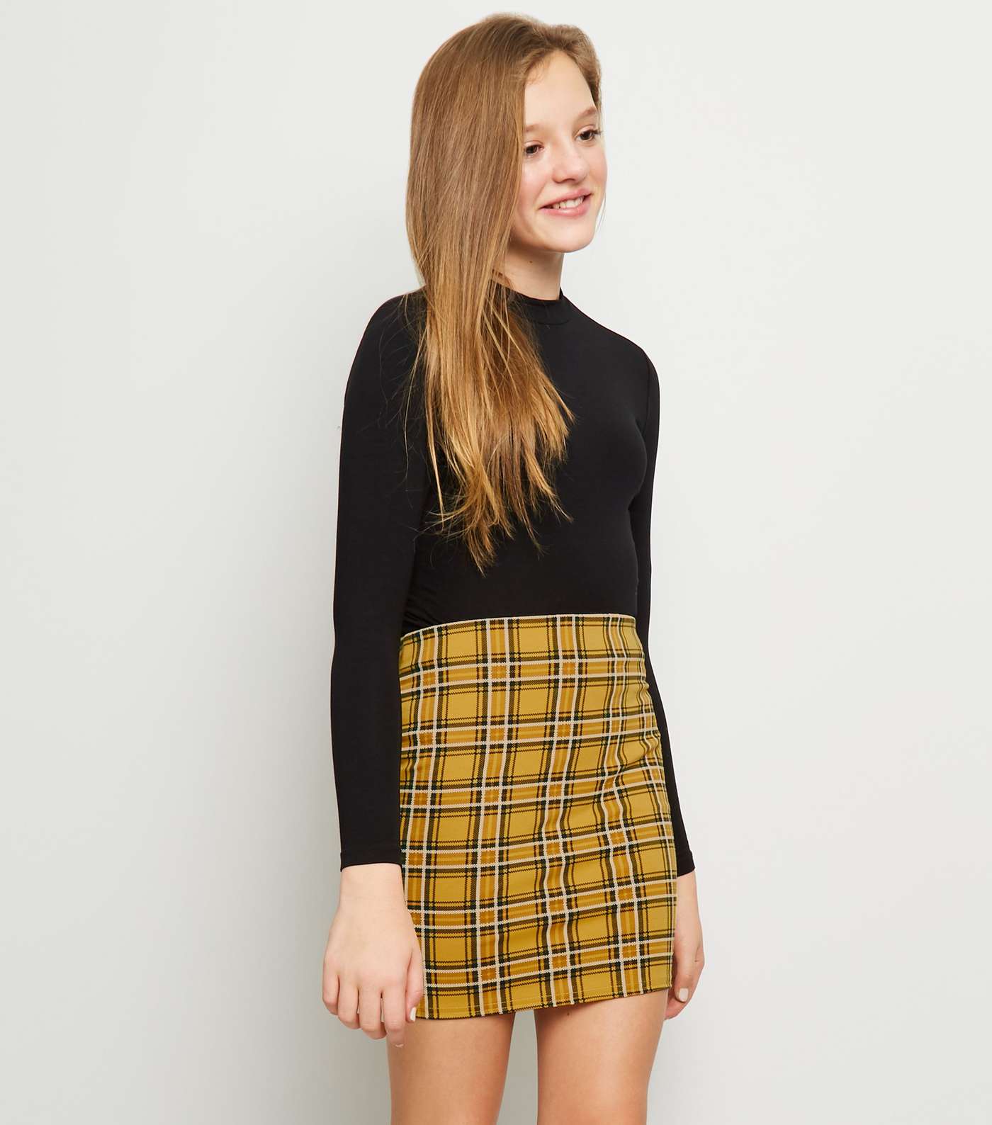 Girls Mustard Check Tube Skirt