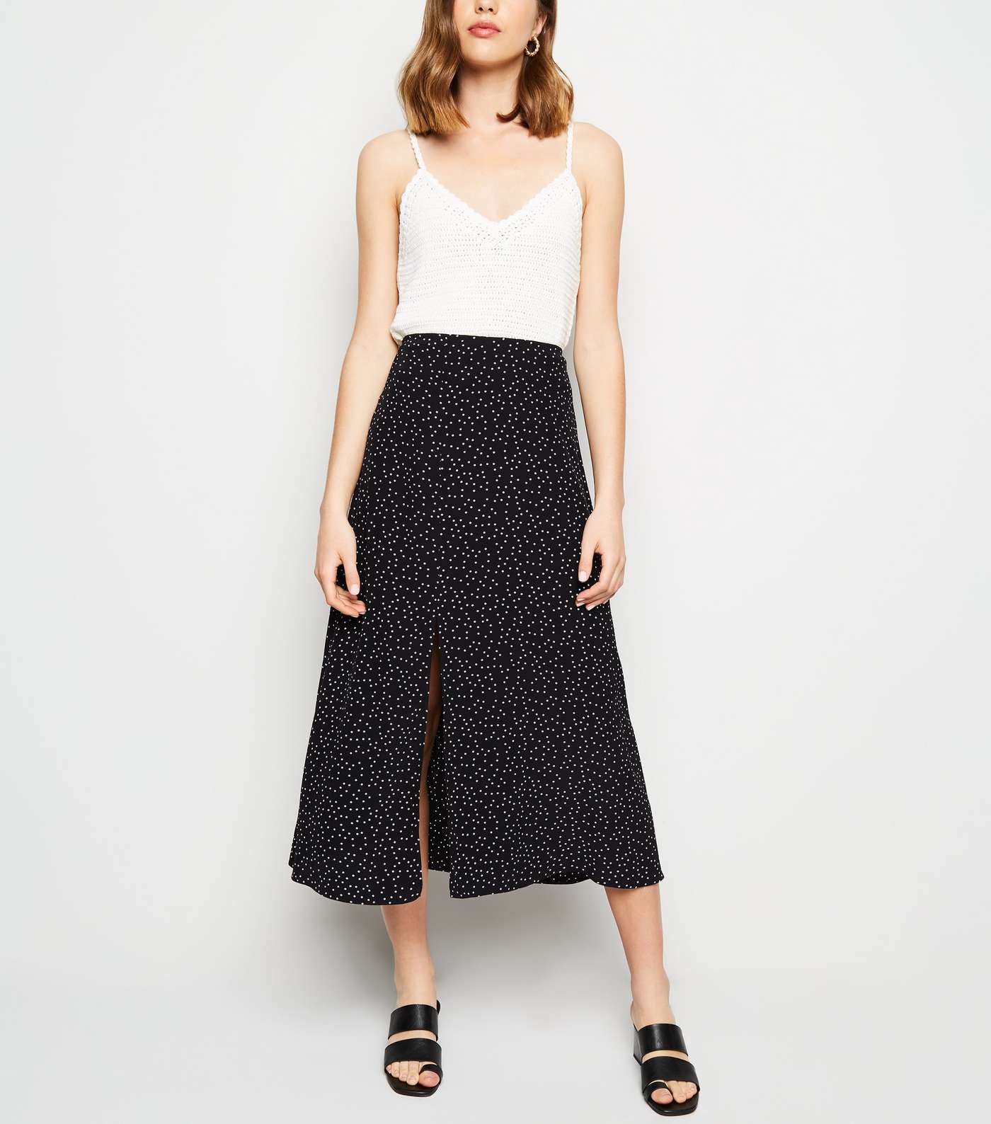 Black Spot Print Split Side Midi Skirt 