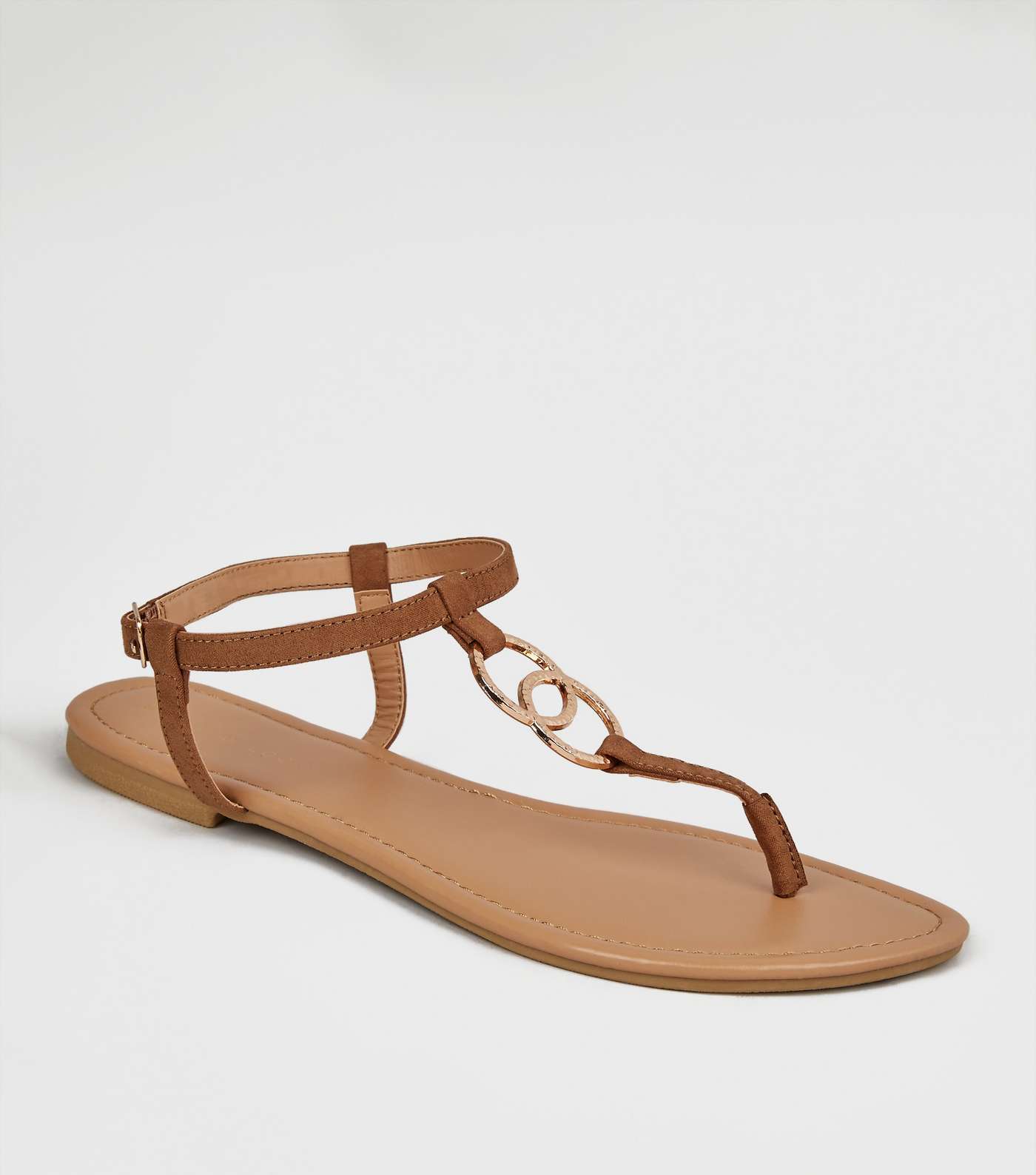 Tan Hammered Ring Strap Flat Sandals