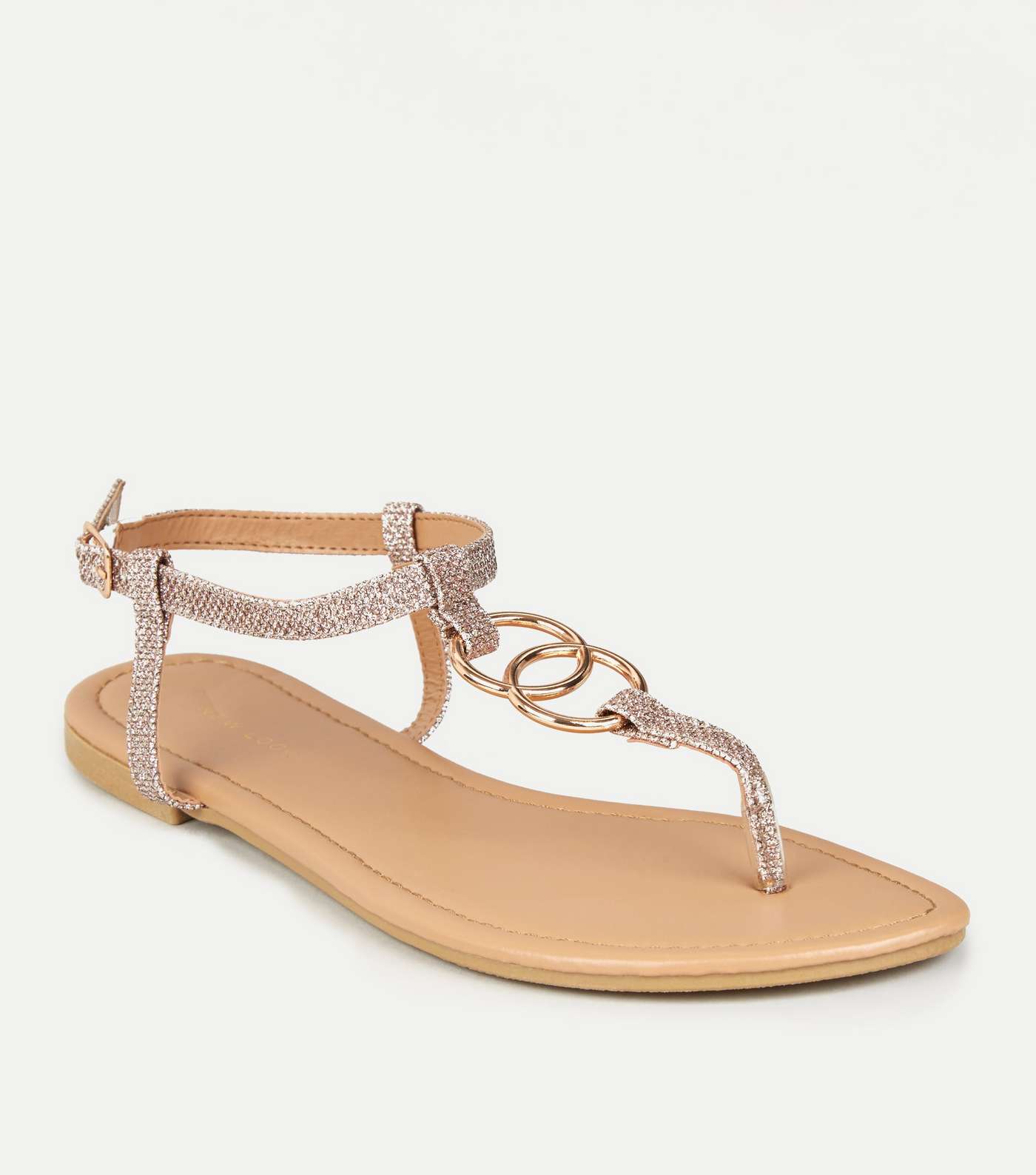 Rose Gold Glitter Strap Ring Flat Sandals 