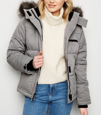 grey hooded puffer coat