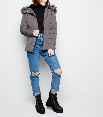 womens grey puffer jacket with fur hood